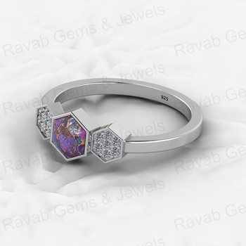 Top Selling 925 Sterling Silver Fine Ring Purple Copper Turquoise Gemstone Bezel Setting With CZ Hexagon Geometric Jewelry
