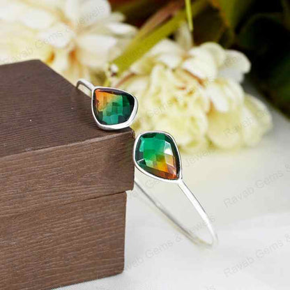 Genuine Solid 925 Sterling Silver Watermelon Tourmaline Kite Shape Checker Cut Bezel Setting Adjustable Gift Bangle For Women
