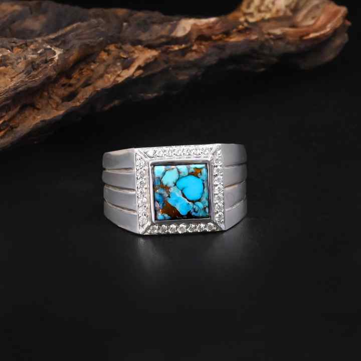 Top Quality Solid 925 Sterling Silver Natural Blue Copper Turquoise Square 10mm Bezel Setting Trending Men's Ring Fine Jewelry