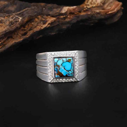 Top Quality Solid 925 Sterling Silver Natural Blue Copper Turquoise Square 10mm Bezel Setting Trending Men's Ring Fine Jewelry