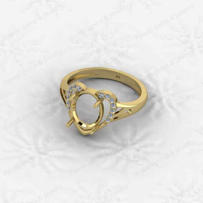 Solid 925 Sterling Silver Oval 8x10mm Semi Mount Blank Setting Heart Ring for Gemstone Ashes & Resin Findings & Wedding Jewelry