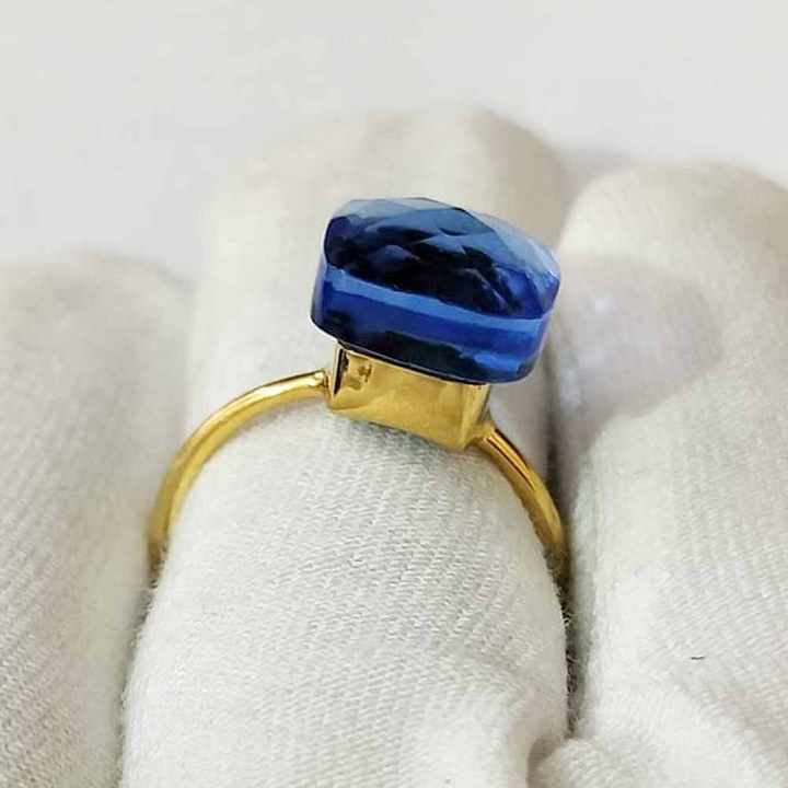 Genuine Blue Apatite Hydro Quartz 12mm Football Cut Cushion Shape 12mm Solid 925 Sterling Silver 18k Gold Plated Ring For Women
