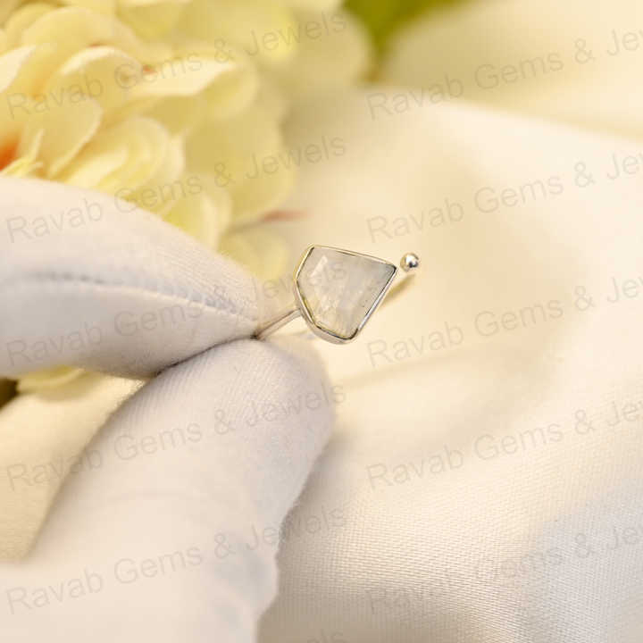 Best Selling Natural Rainbow Moonstone Sterling 925 Silver 10x10mm Diamond Cut Faceted Bezel Setting Adjustable Ring for Women