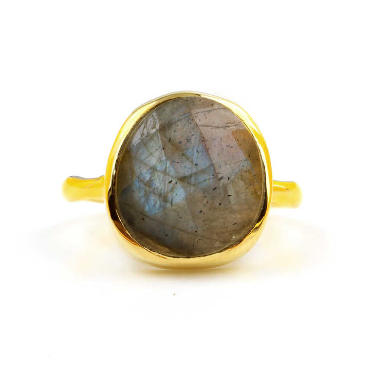 Top Selling Genuine 925 Silver Gold Vermeil Eternity Band 12x13mm Natural Blue Fire Labradorite Stone Fine Jewelry Women's Ring