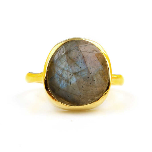 Top Selling Genuine 925 Silver Gold Vermeil Eternity Band 12x13mm Natural Blue Fire Labradorite Stone Fine Jewelry Women's Ring