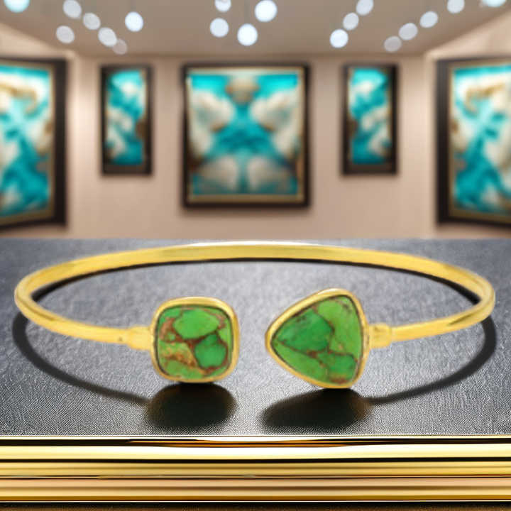 Genuine Solid 925 Sterling Silver 18k Gold Plated Natural Green Copper Turquoise Bezel Setting Adjustable Cuff Bangle Bracelet
