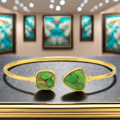 Genuine Solid 925 Sterling Silver 18k Gold Plated Natural Green Copper Turquoise Bezel Setting Adjustable Cuff Bangle Bracelet