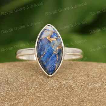 Handmade Winter Sale Women's 925 Sterling Silver Kitty Ring Natural Lapis Lazuli Gemstone Smooth Marquise Copper Shape 7x15mm