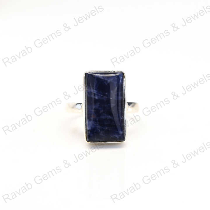 Top Quality Solid 925 Sterling Silver Natural Sodalite Cabochon Rectangle Shape Bezel Setting Ring for Women Handmade Jewelry
