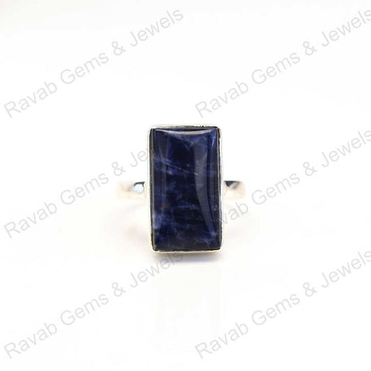 Top Quality Solid 925 Sterling Silver Natural Sodalite Cabochon Rectangle Shape Bezel Setting Ring for Women Handmade Jewelry