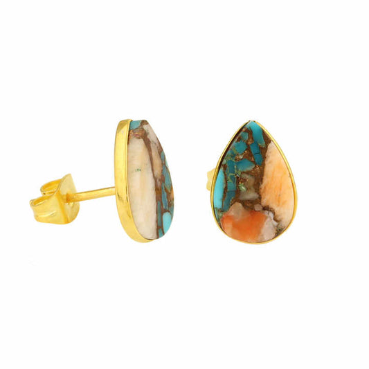 8x12mm Mohave Spiny Oyster Copper Turquoise Teardrop Stud Earring Genuine 925 Silver 18K Gold Fine Native Jewelry for Gift