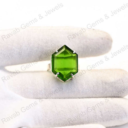 New Arrival Top Quality Solid 925 Sterling Silver Green Peridot Quartz Hexagon Cut Shape Ring for Women Fine Handmade Jewelry