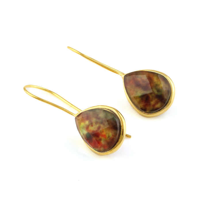 Exclusive 18K Gold 925 Sterling Silver Ammolite Hydro Quartz Teardrop Earrings Waterproof Fine Hoop Jewelry for Party Occasions