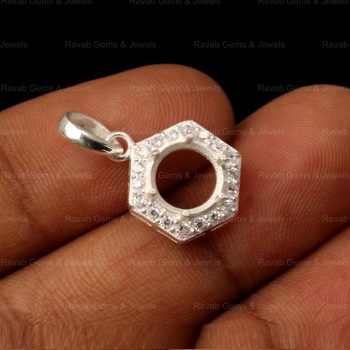 High Quality Pure 925 Silver 8mm Hexagon Semi Mount Charm Pendant With CZ Prong Setting for DIY Jewelry Findings & Components