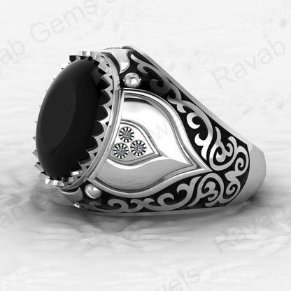 Top Selling Customized Jewelry Solid 925 Sterling Silver 13x15mm Oval Black Onyx Gemstone Classic Turkish Signet Ring for Man