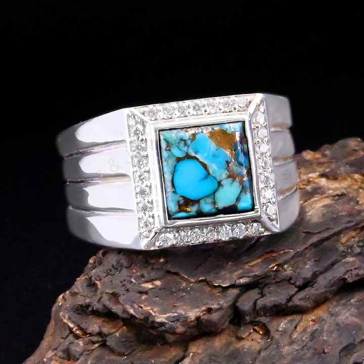 Top Quality Solid 925 Sterling Silver Natural Blue Copper Turquoise Square 10mm Bezel Setting Trending Men's Ring Fine Jewelry