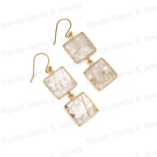 Superb Solid 925 Sterling Silver 10mm Natural Golden Rutile Square Flat Smooth 18k Gold Plated Dangle Drop Earring for Women