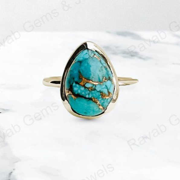 Top Quality Solid 925 Sterling Silver Natural Blue Copper Turquoise Pear 10x14mm Gemstone Bezel Setting Ring for Women Jewelry