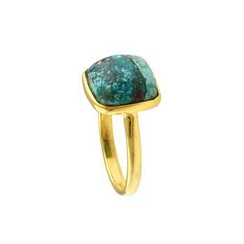 Solid 925 Sterling Silver Cushion Shape Ring 18K Gold Plated with Natural Chrysocolla Copper 12mm Bezel Setting for Women