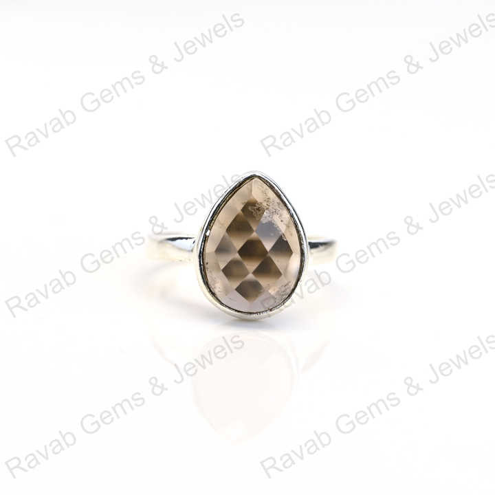 Best Quality Solid 925 Sterling Silver Smoky Quartz Pear Shape Checker Cut Ring for Women Fine Handmade Daily Wear Jewelry