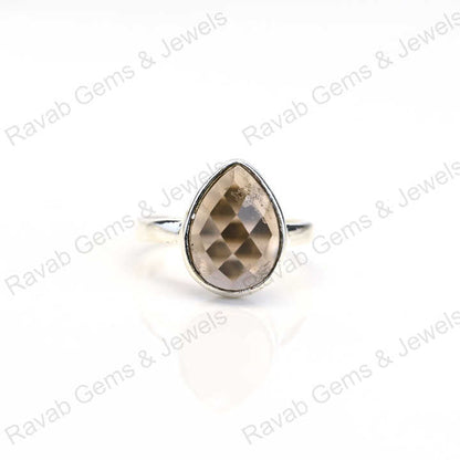 Best Quality Solid 925 Sterling Silver Smoky Quartz Pear Shape Checker Cut Ring for Women Fine Handmade Daily Wear Jewelry