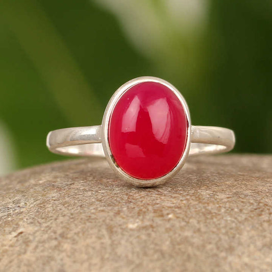 Top Selling 10x14mm Pink Fuchsia Chalcedony Gemstone Solid 925 Sterling Silver Handmade Fine Oval Shape Ring Rhodium for Parties