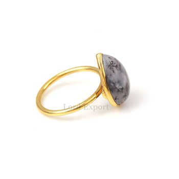 Natural Pear Cut Dendritic Opal Gemstone Handmade Ring Latest Design Wholesale Sterling Silver Gold Plated Stacking Ring Fine