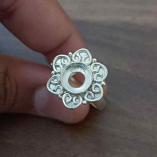 Genuine Solid 925 Sterling Silver Flower Design 7MM Round Bezel Setting Semi-Mount Blank Setting Simple Band Fine Ring For Women