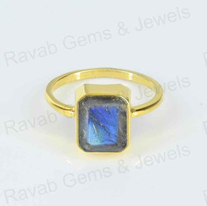Beautiful Handmade 925 Silver 8x10mm Octagon Shape Natural Labradorite Stone Gold Vermeil Eternity Fine Jewelry Ring for Women