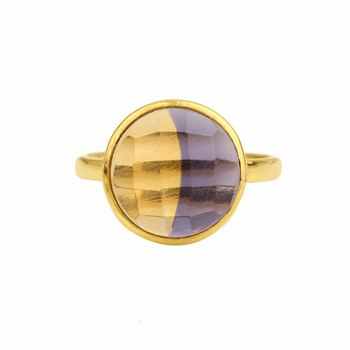 Best Selling 12mm Natural Ametrine Hydro Quartz Faceted Football Cut Gemstone 18K Gold Plated Sterling Silver Ring for Her
