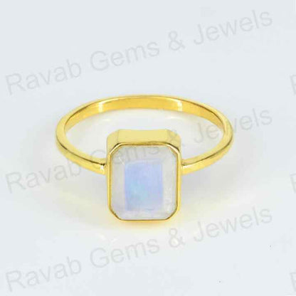 Best Selling Handmade 925 Silver Natural 8x10mm Rainbow Moonstone Gold Vermeil Eternity Fine Jewelry Bezel Set Ring for Women