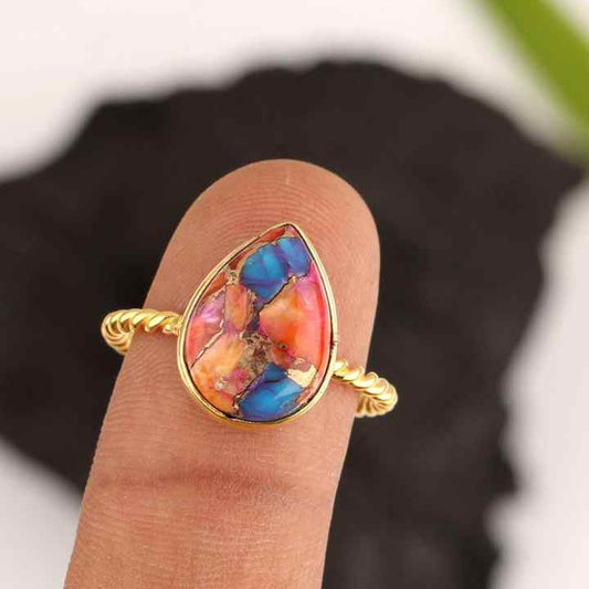New Arrival 10x14mm Solid 925 Sterling Silver 18K Gold Filled Women's Ring Genuine Mix Spiny Oyster Turquoise Pear Shape"