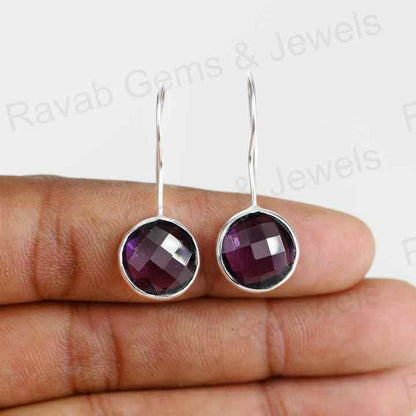 Top Quality Solid 925 Sterling Silver Amethyst Quartz 10mm Round Checker Cut Dangle Drop Earring for Women Fine Handmade Jewelry