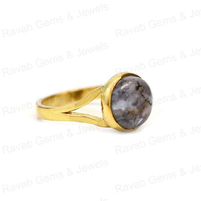 Beautiful 12mm Natural Dendrite Opal Gemstone 925 Silver Vermeil Split Eternity Round Bezel Statement Ring Women Fine Jewelry