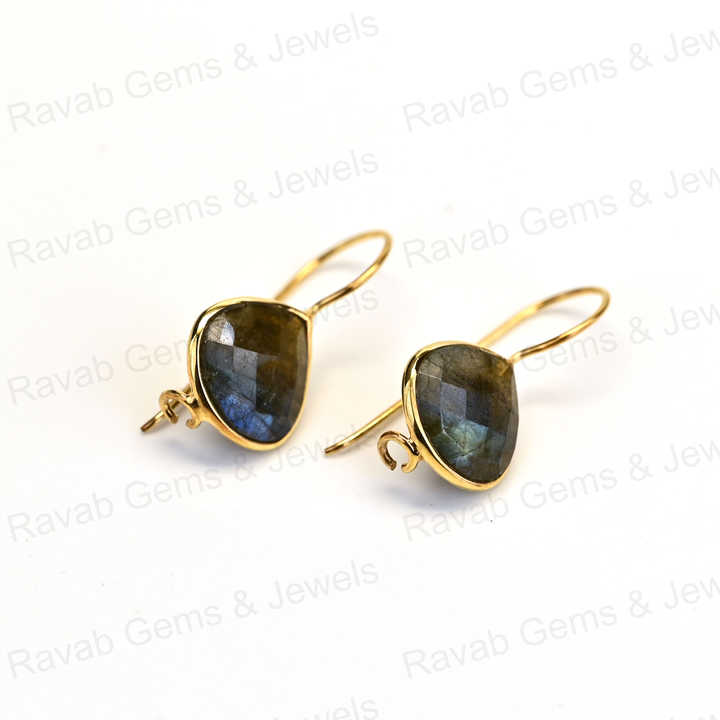 New Arrival Solid 925 Sterling Silver Natural Labradorite 12mm Checker Cut 18k Gold Plated Dangle Drop Fine Earring for Women