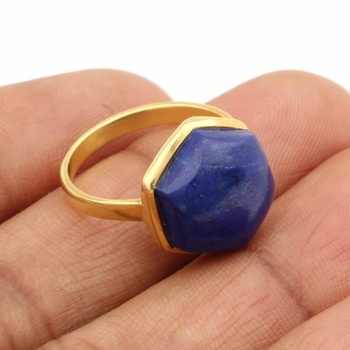 Handmade 12mm Natural Lapis Lazuli Gemstone Bezel Ring 925 Silver 18K Gold Plated Dainty Vintage Fine Jewelry Women Wedding