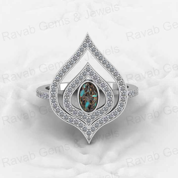 Top Selling Genuine 925 Sterling Silver Blue & Black Copper Turquoise oval 6x8mm Gemstone Bezel Setting CZ Crown Ring For Custom Jewelry