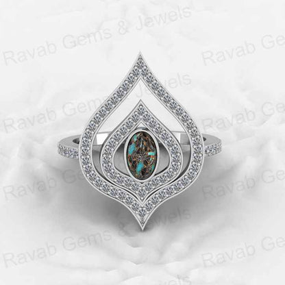 Top Selling Genuine 925 Sterling Silver Blue & Black Copper Turquoise oval 6x8mm Gemstone Bezel Setting CZ Crown Ring For Custom Jewelry