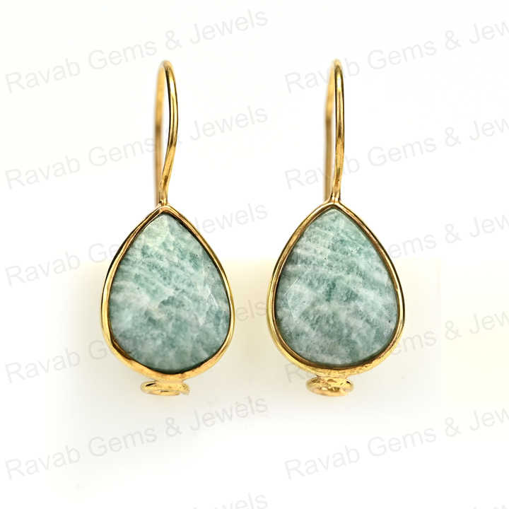 Best Quality Solid 925 Sterling Silver Natural Amazonite 8x12mm Pear Smooth 18k Gold Plated Dangle Drop Fine Earring for Women