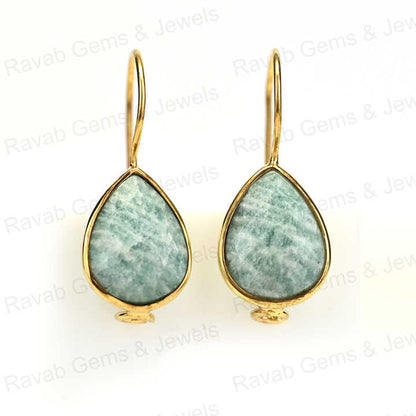 Best Quality Solid 925 Sterling Silver Natural Amazonite 8x12mm Pear Smooth 18k Gold Plated Dangle Drop Fine Earring for Women