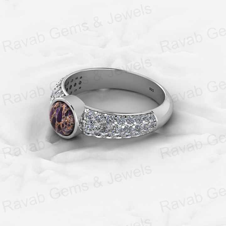 Top Selling Genuine 925 Sterling Silver Purple & Black Copper Turquoise Gemstone Bezel Setting CZ Round Ring for Custom Jewelry