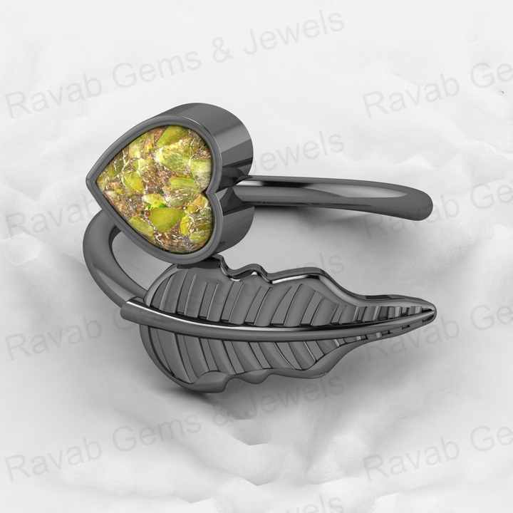 New Arrival 18K Gold Plated Genuine 8mm Heart 925 Silver Peridot Copper Turquoise Adjustable Leaf Design Ring for Women Jewelry