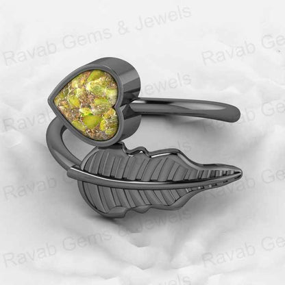 New Arrival 18K Gold Plated Genuine 8mm Heart 925 Silver Peridot Copper Turquoise Adjustable Leaf Design Ring for Women Jewelry