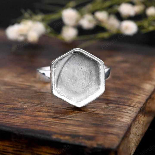 Solid 925 Sterling Silver Hexagon Shape 10mm Bezel Setting Semi-Mount Blank Setting Ring Good For Resin & Ashes Work DIY Jewelry