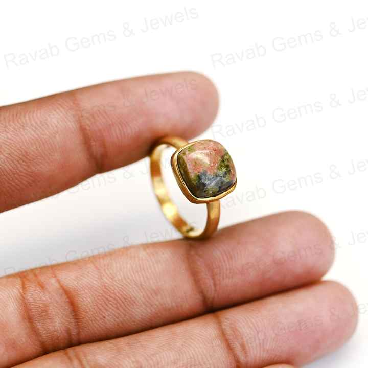 Hot Selling Solid 925 Sterling Silver Natural Unakite Cushion Shape 12mm Bezel Setting 18k Gold Filled Fine Ring for Women
