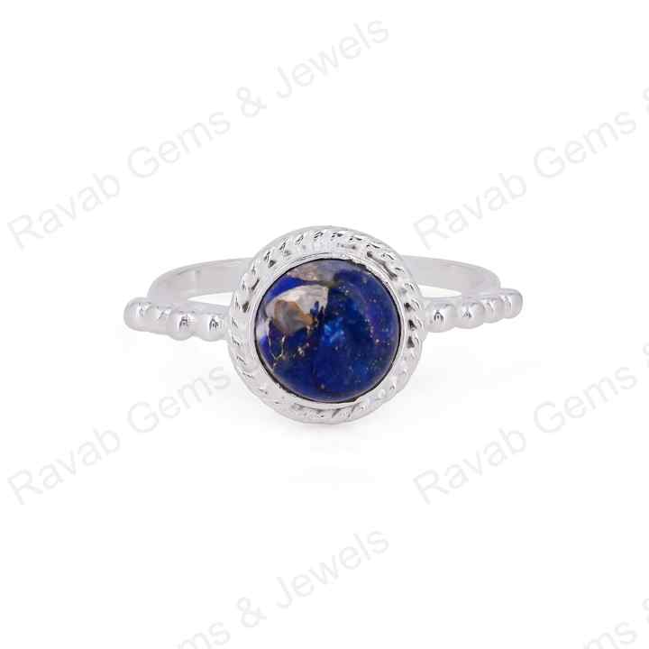Natural Lapis Lazuli 10mm Round Cabochon Gemstone Solid 925 Sterling Silver Beaded Bezel Setting Ring Handmade Fine Jewelry