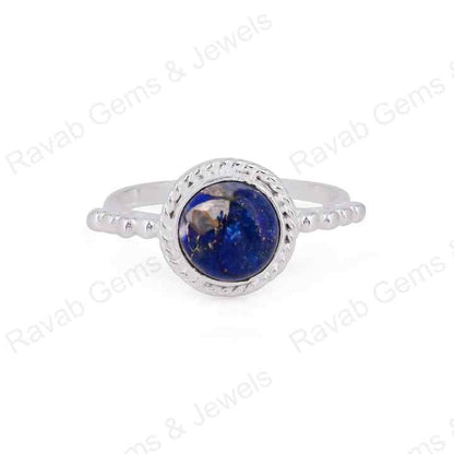 Natural Lapis Lazuli 10mm Round Cabochon Gemstone Solid 925 Sterling Silver Beaded Bezel Setting Ring Handmade Fine Jewelry