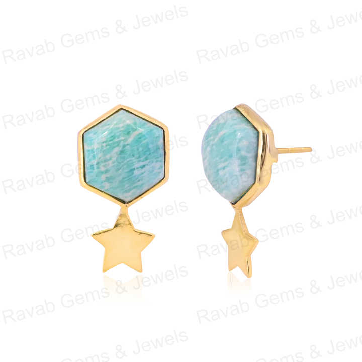 Beautiful 12mm Amazonite Hexagon Gemstone With Star Handmade Solid 925 Silver 18k Gold Drop Drizzle Earring Fine Jewelry For Her