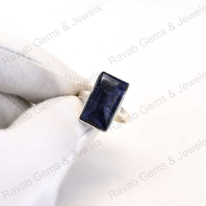 Top Quality Solid 925 Sterling Silver Natural Sodalite Cabochon Rectangle Shape Bezel Setting Ring for Women Handmade Jewelry
