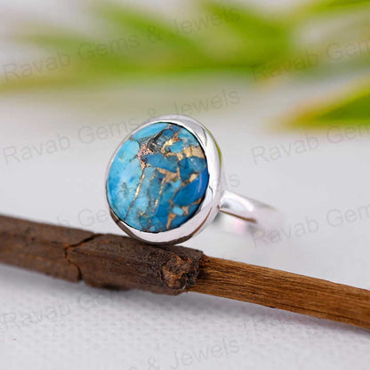 Top Selling 12x13mm Mohave Blue Copper Turquoise High Polished 925 Silver Bezel Organic Shape Dainty Women Ring Navajo Jewelry